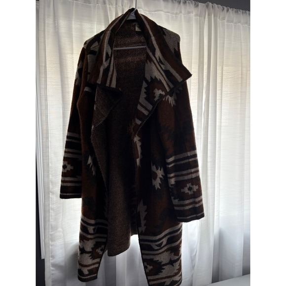 Max Studio Aztec Duster Cardigan Open Front Brown Tan Boho Medium - Picture 1 of 4